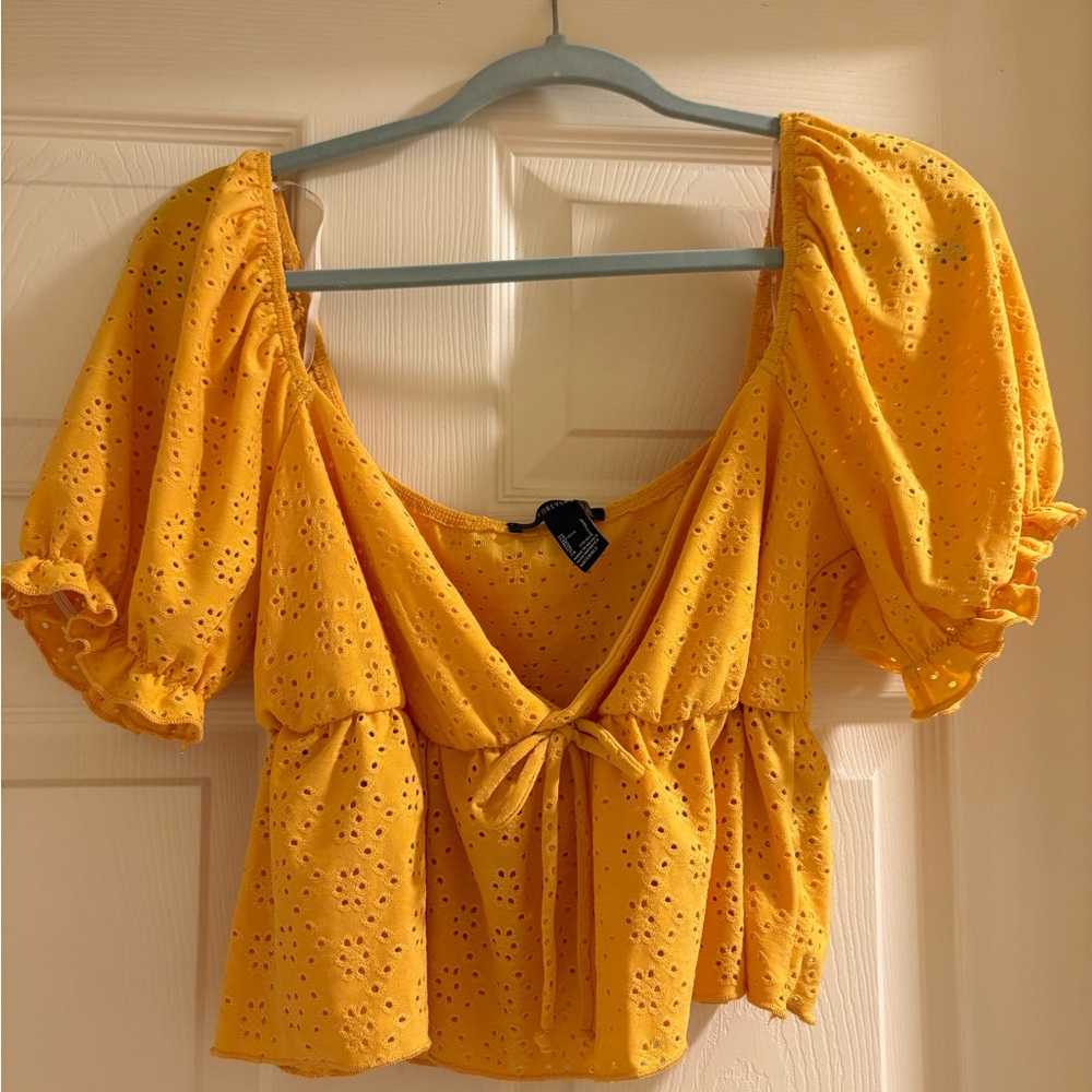Forever 21 Mustard Eyelet Puff Sleeve Blouse